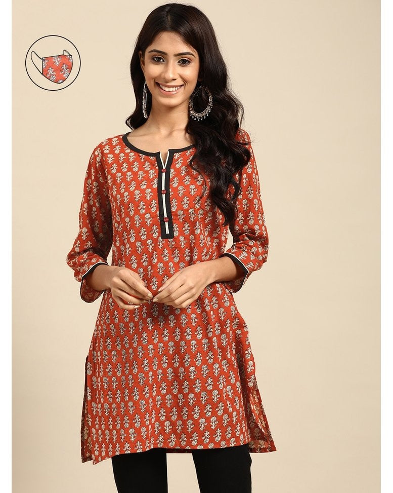 Rust Cotton Printed Kurti