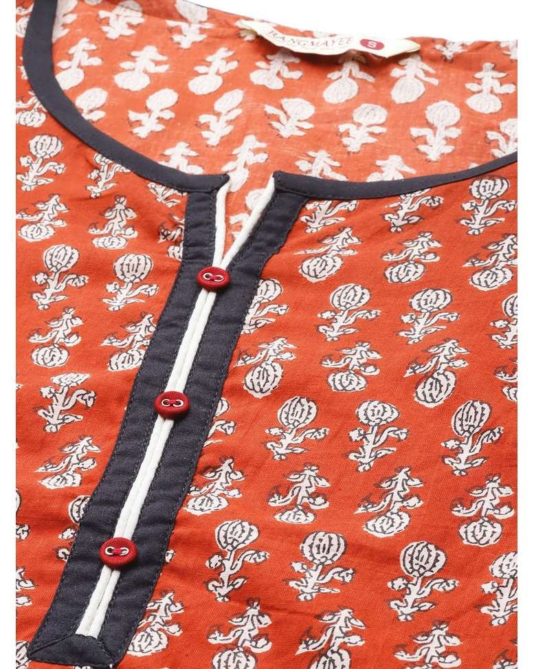 Rust Cotton Printed Kurti