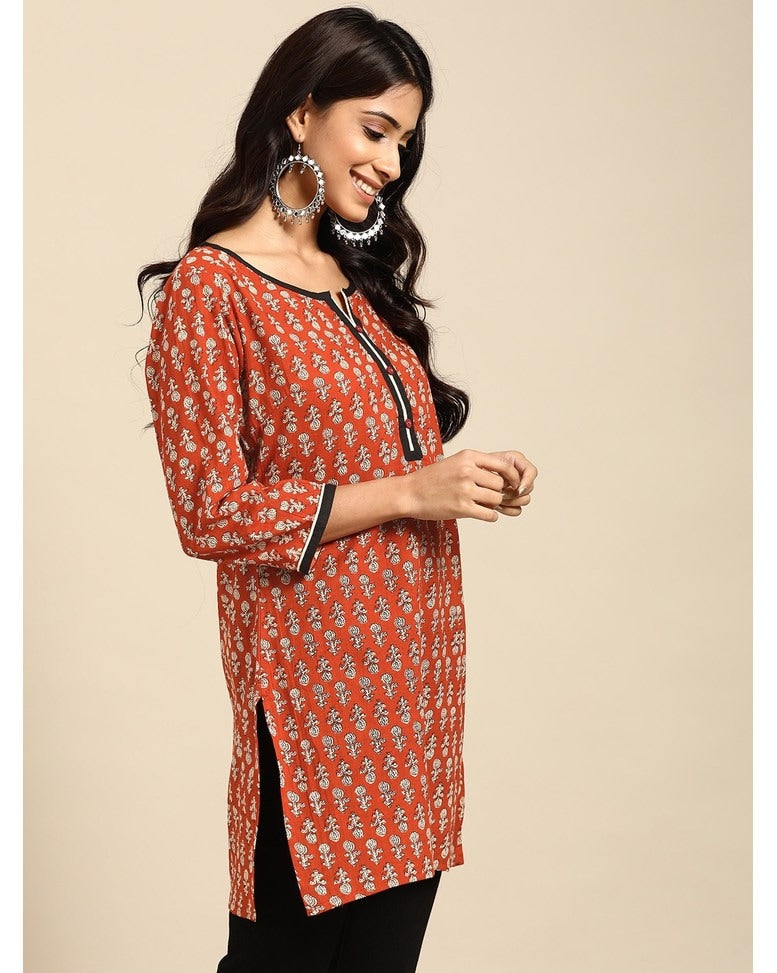 Rust Cotton Printed Kurti