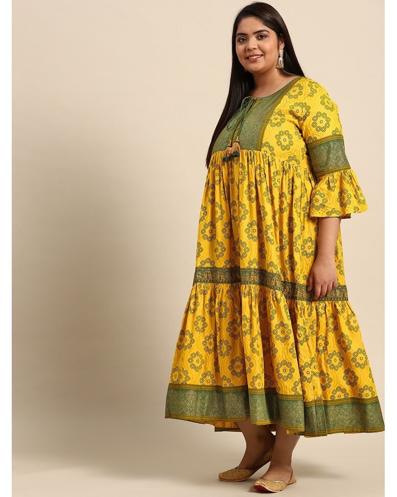 Yellow Rayon Printed Gown Dress