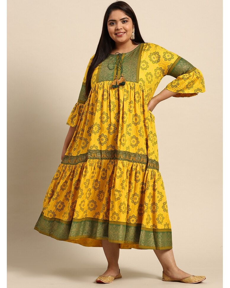 Yellow Rayon Printed Gown Dress