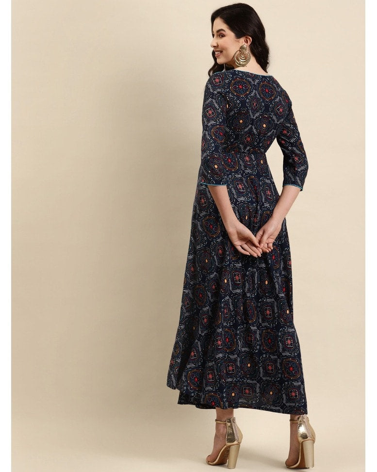 Navy Rayon Printed Gown Dress
