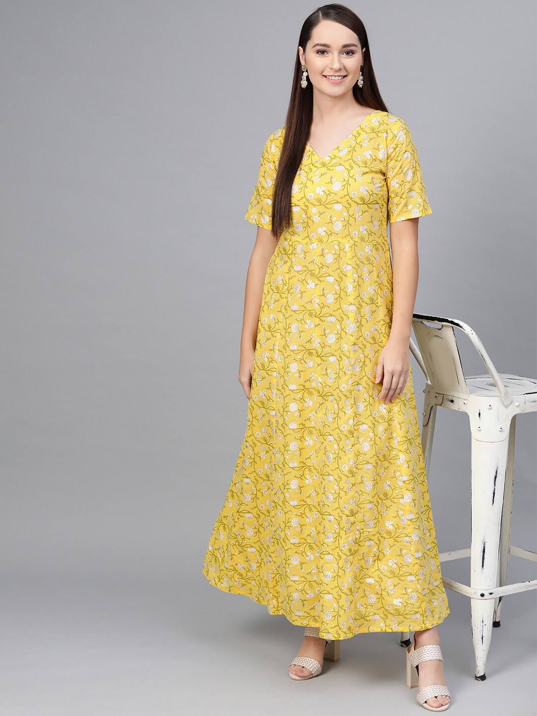 Yellow Multi colored Floral printed maxi dress with V neck & 3/4 sleeves