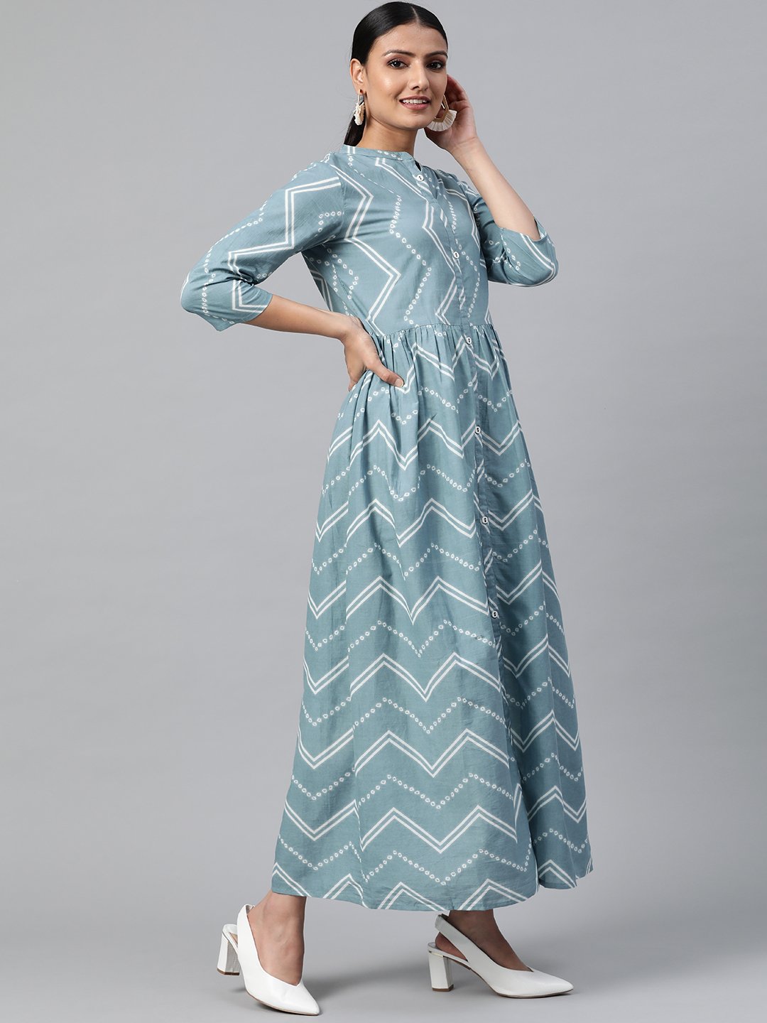 Women Blue Geometric Printed Mandarin Collar Cotton A-Line Dress