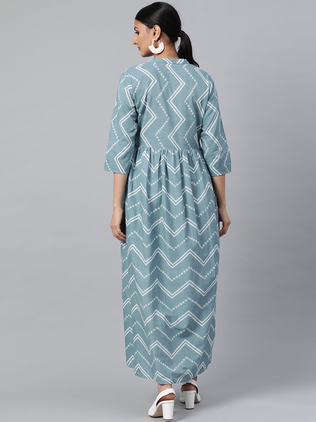 Women Blue Geometric Printed Mandarin Collar Cotton A-Line Dress