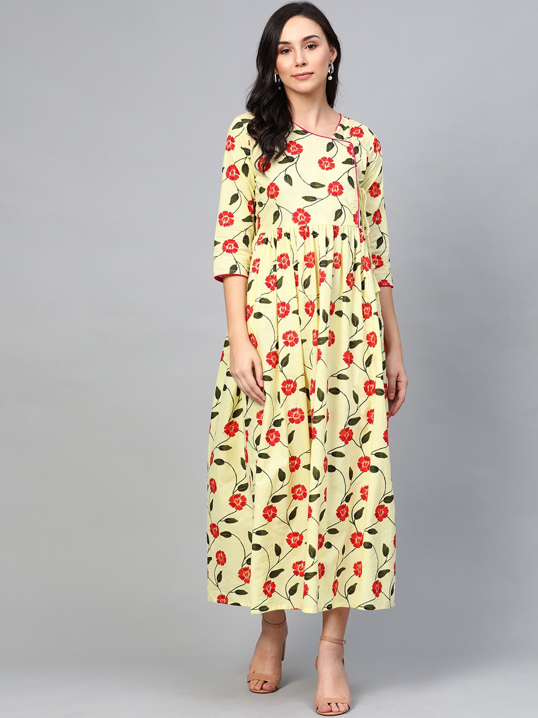 Women Yellow Floral Printed V-Neck Viscose Rayon Maxi Dress