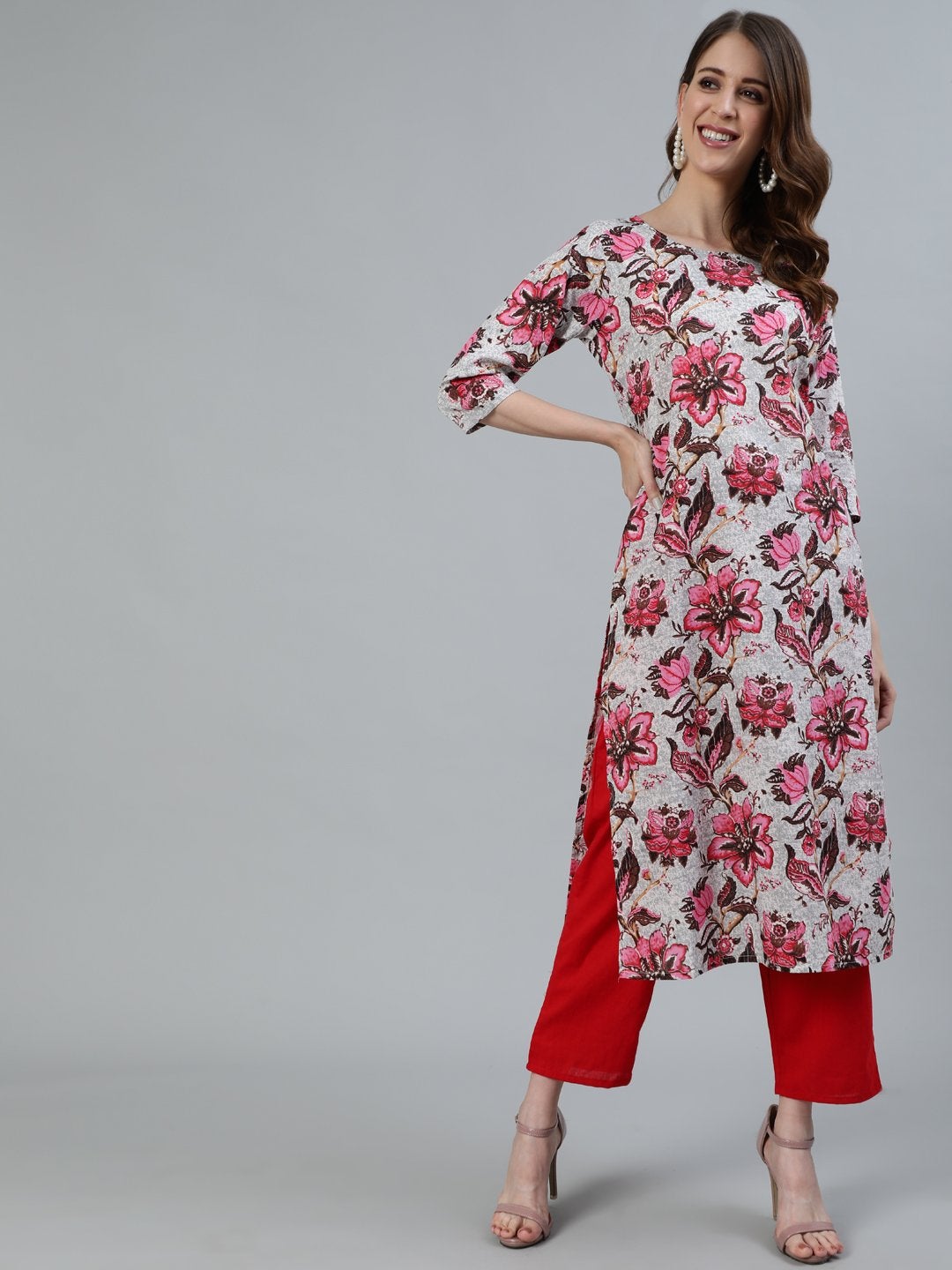 Women Off-White Floral Printed Straight Kurta With Three Quarter Sleeves