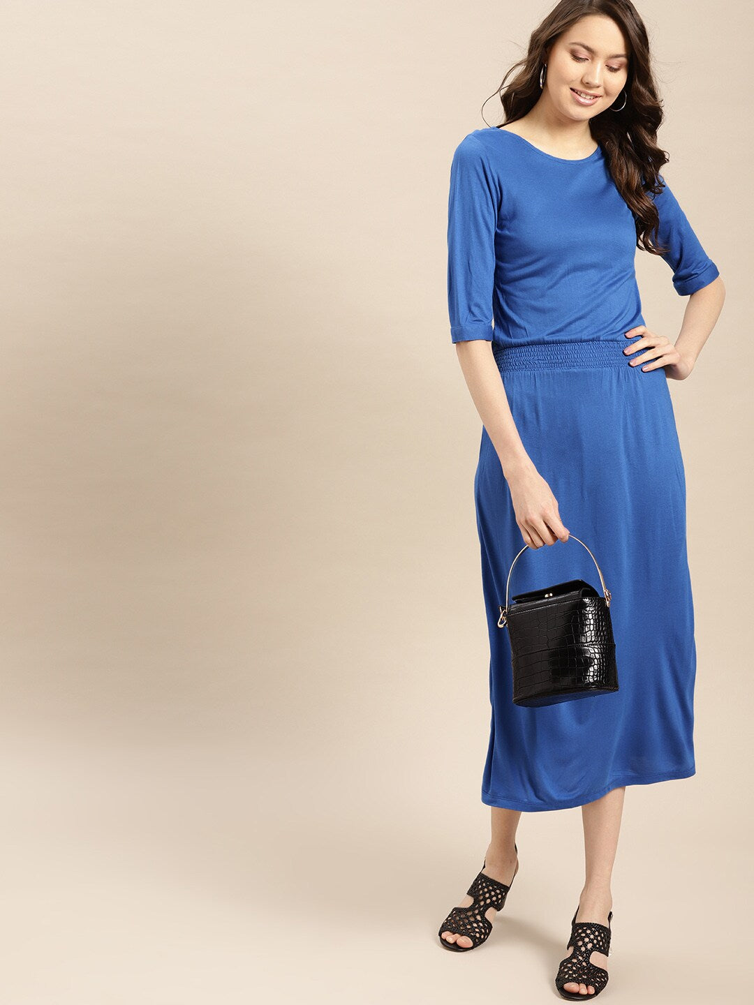 Blue Solid Midi Dress