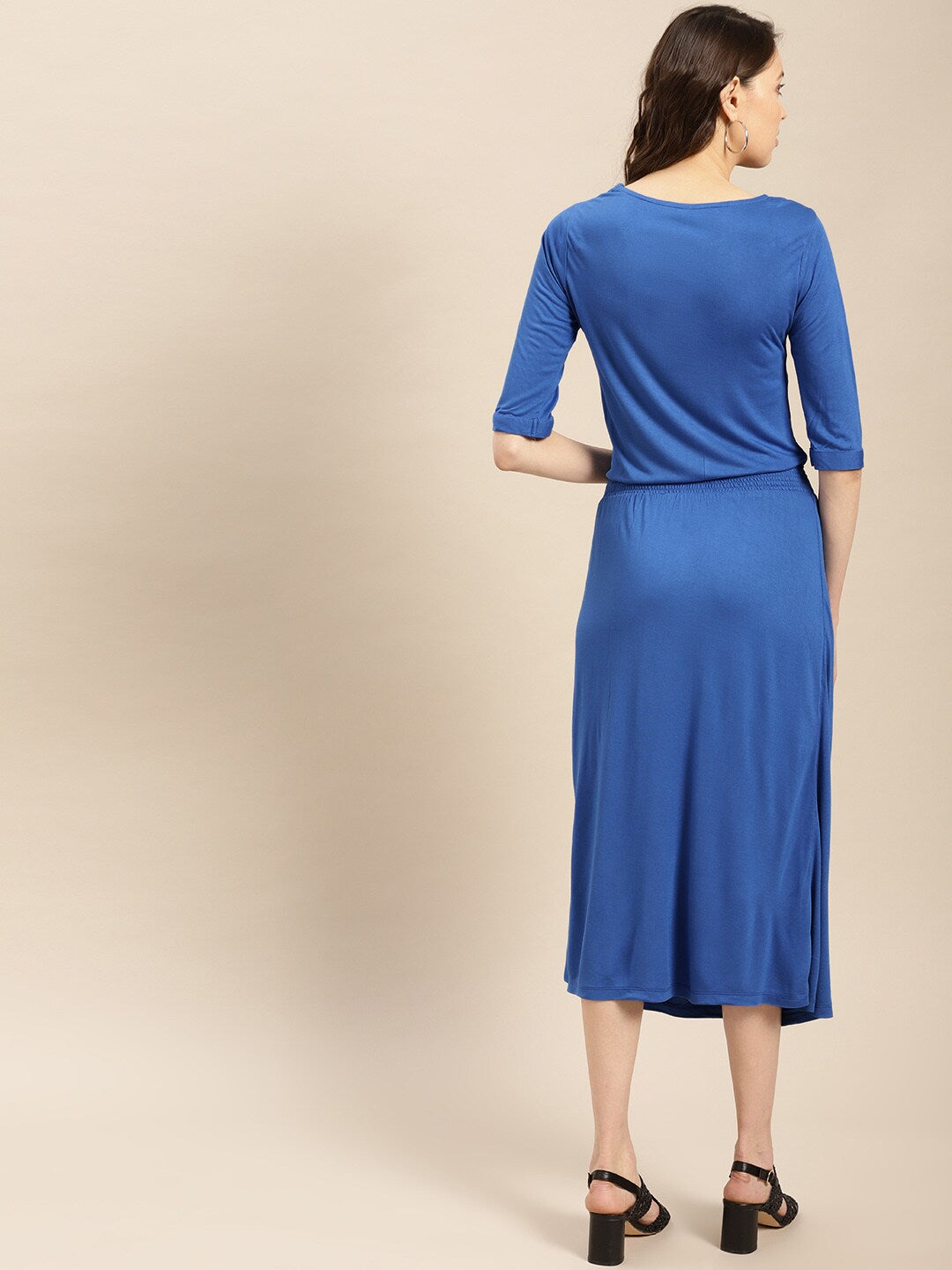 Blue Solid Midi Dress