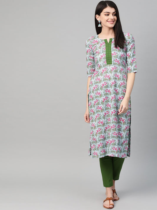 Women Blue & Pink Straight Floral Printed Kurta And Trousers Set