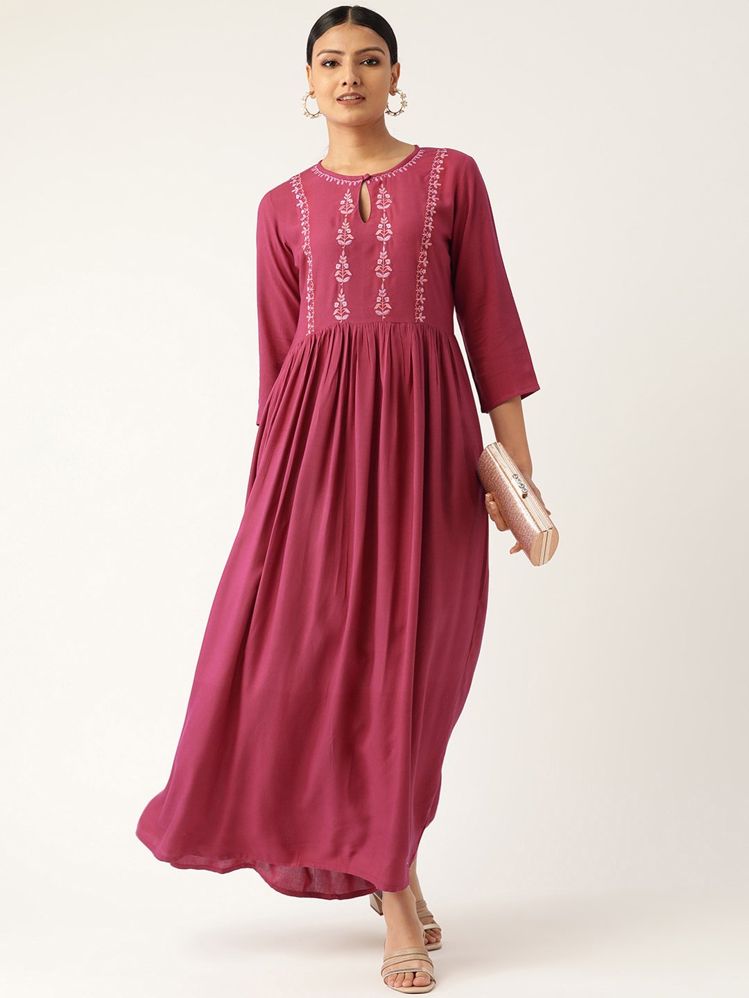 Women Pink Solid Solid Keyhole Neck Viscose Rayon Fit and Flare Dress