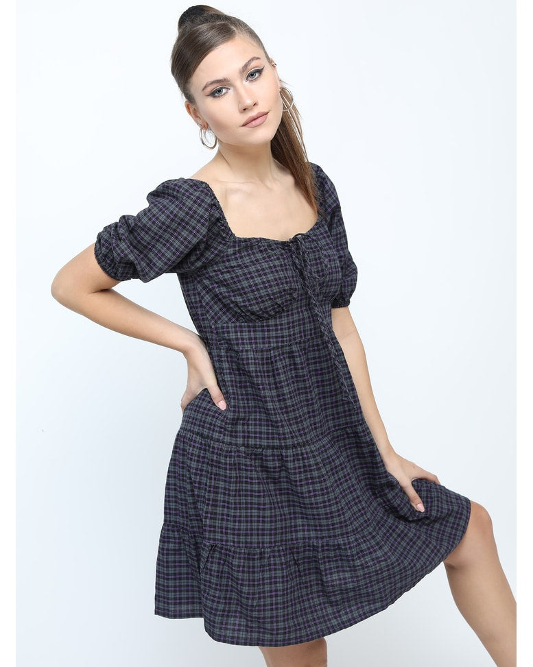 Black Cotton Checks Fit and Flare Dress