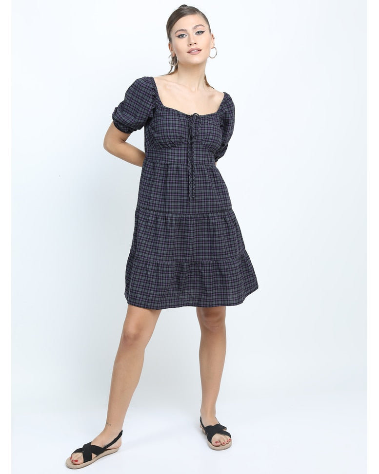 Black Cotton Checks Fit and Flare Dress