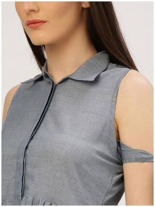 Women's A-Line Blue Solid Cotton Handloom Cold Shoulder Dress