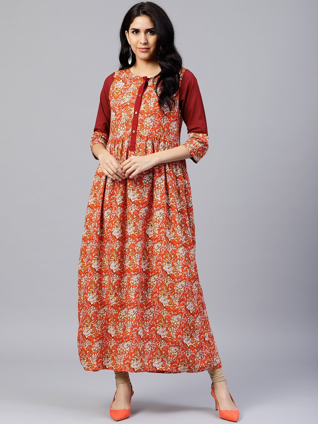 Women Orange Ethnic Motifs A-Line Maxi Dress