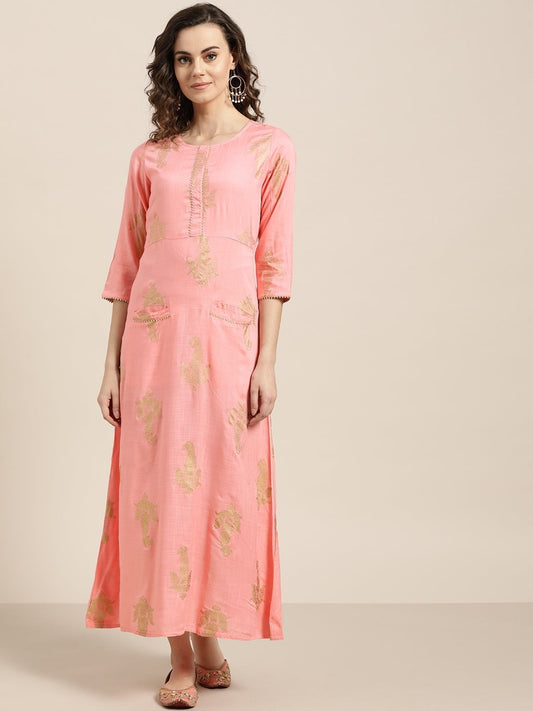 Pink Ethnic Motifs A-Line Rayon Slub Dress