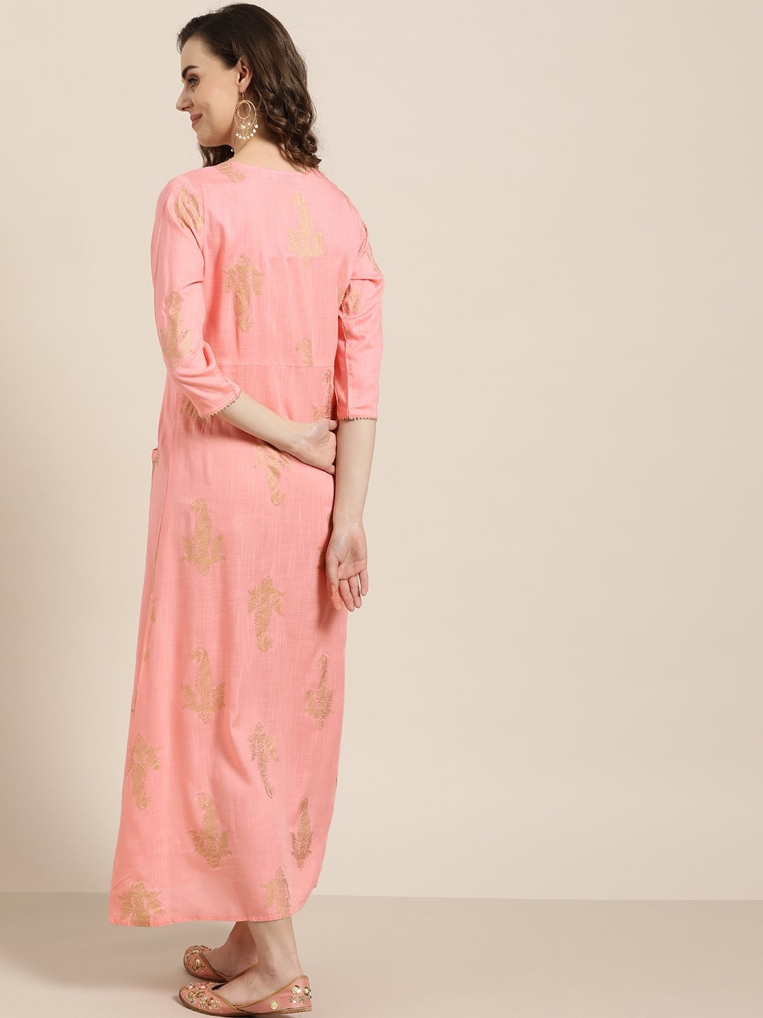 Pink Ethnic Motifs A-Line Rayon Slub Dress