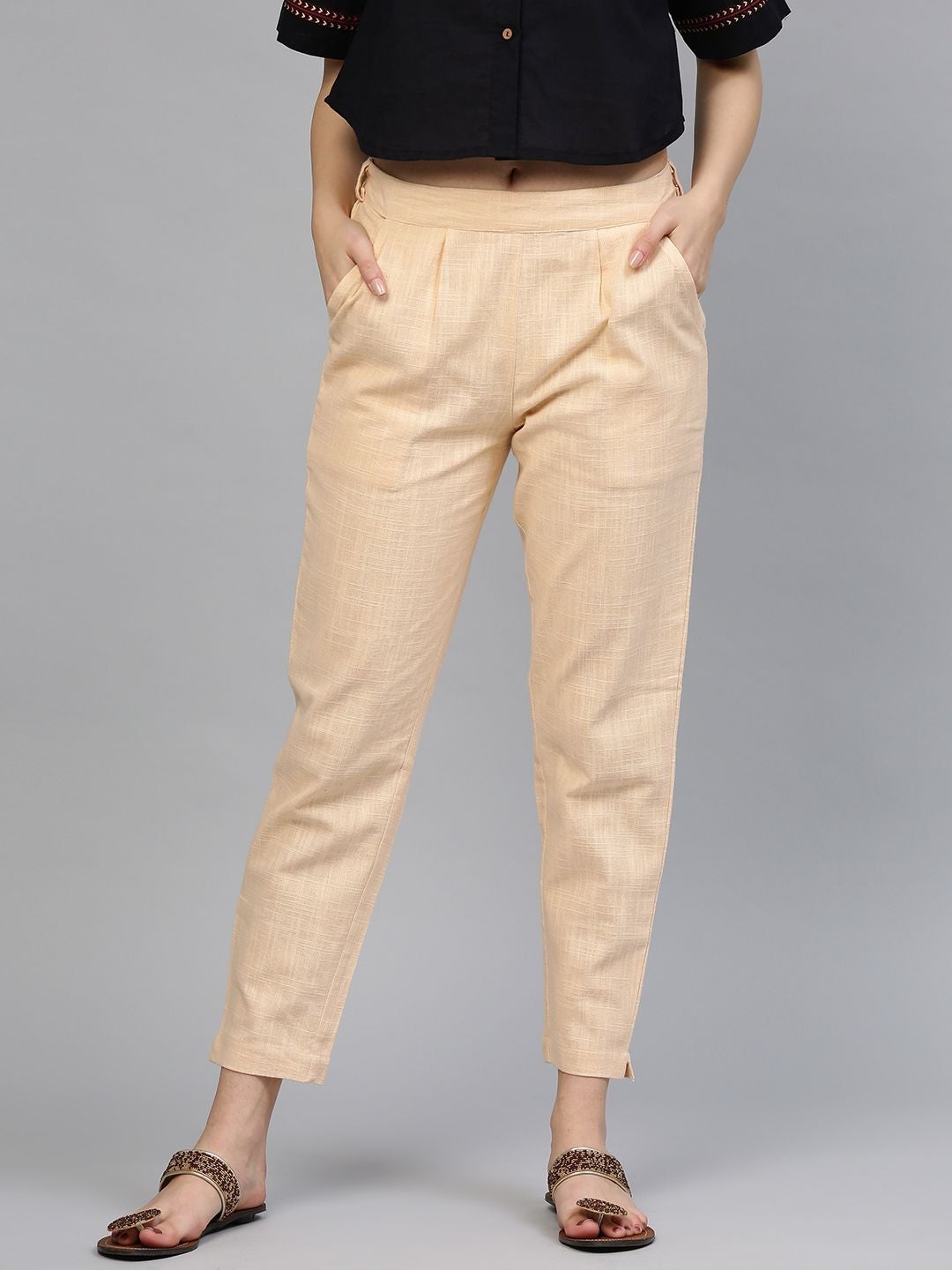 Women's Beige Solid Cotton Slub Pants
