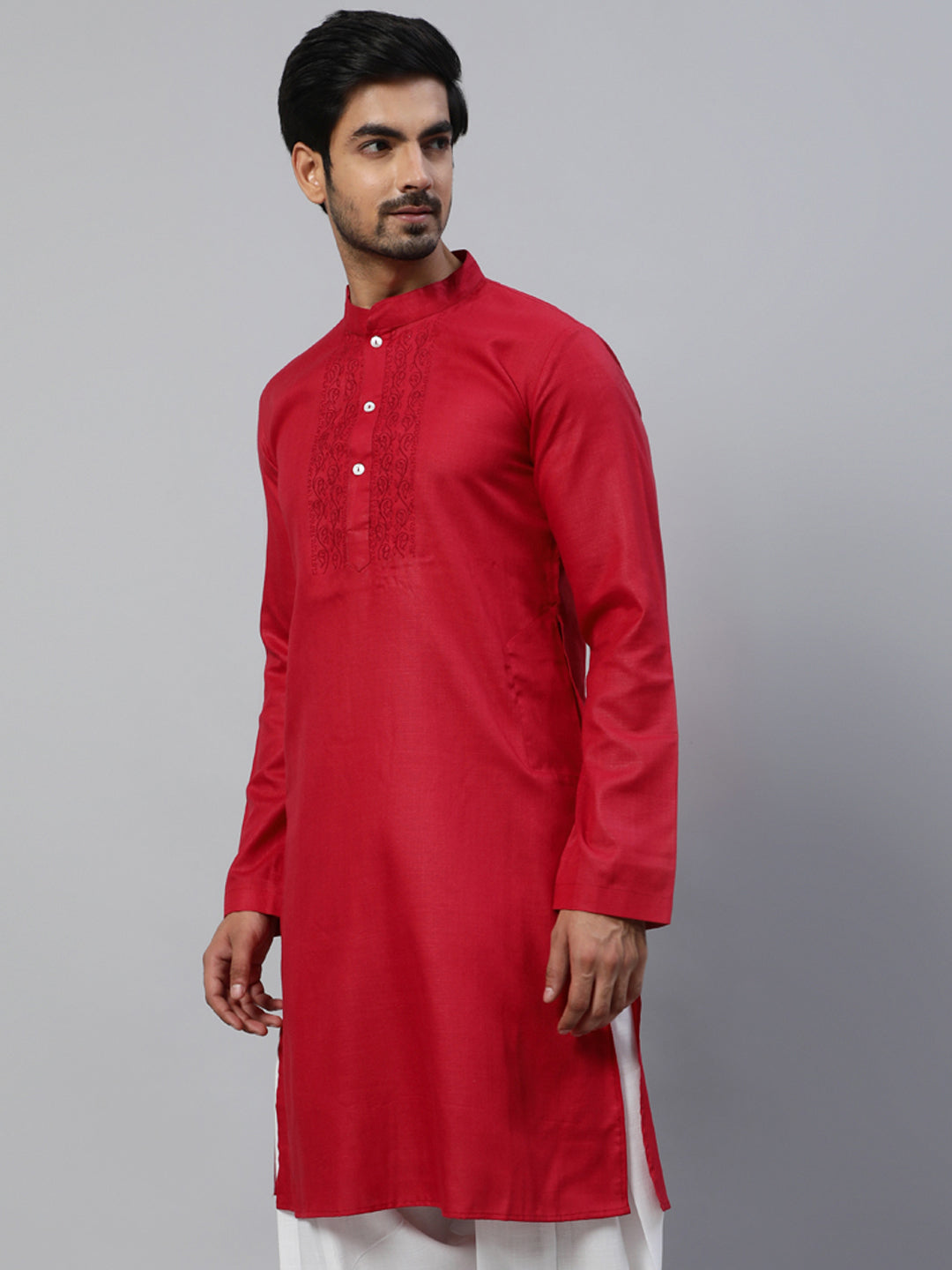 Maroon Solid Kurta With Yoke Embroidered Details