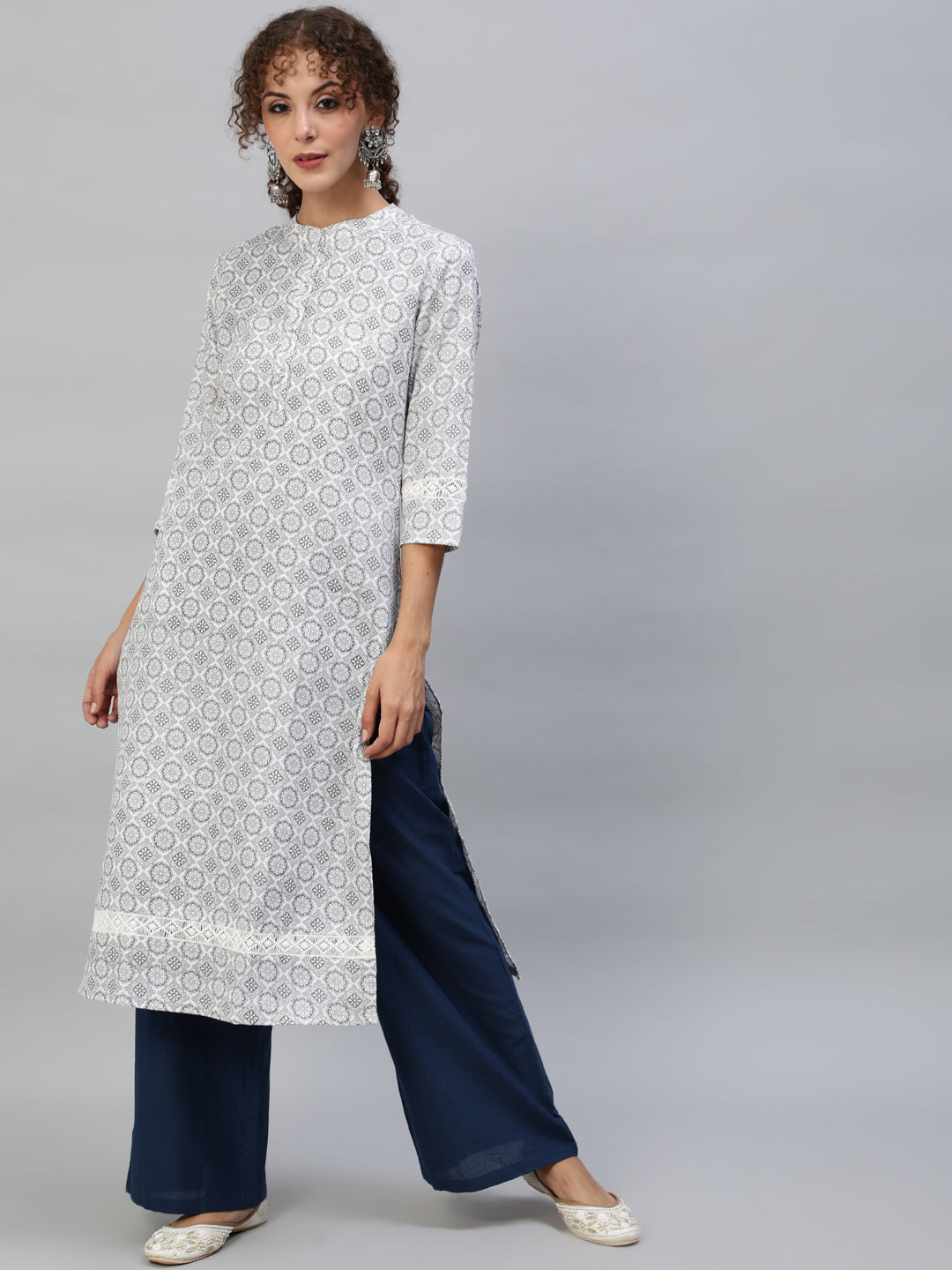 White & Grey Floral Printed Straight Kurta With Lace Details