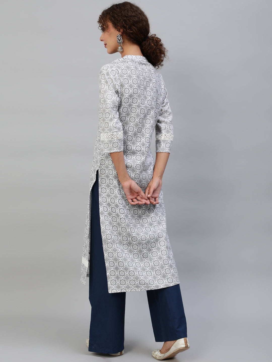 White & Grey Floral Printed Straight Kurta With Lace Details