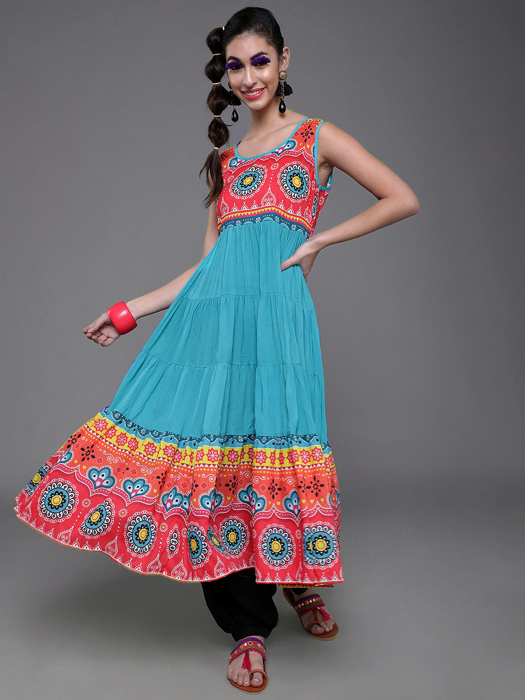 Blue & Red Printed Tiered Anarkali