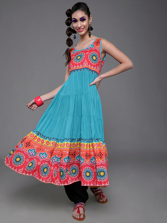 Blue & Red Printed Tiered Anarkali