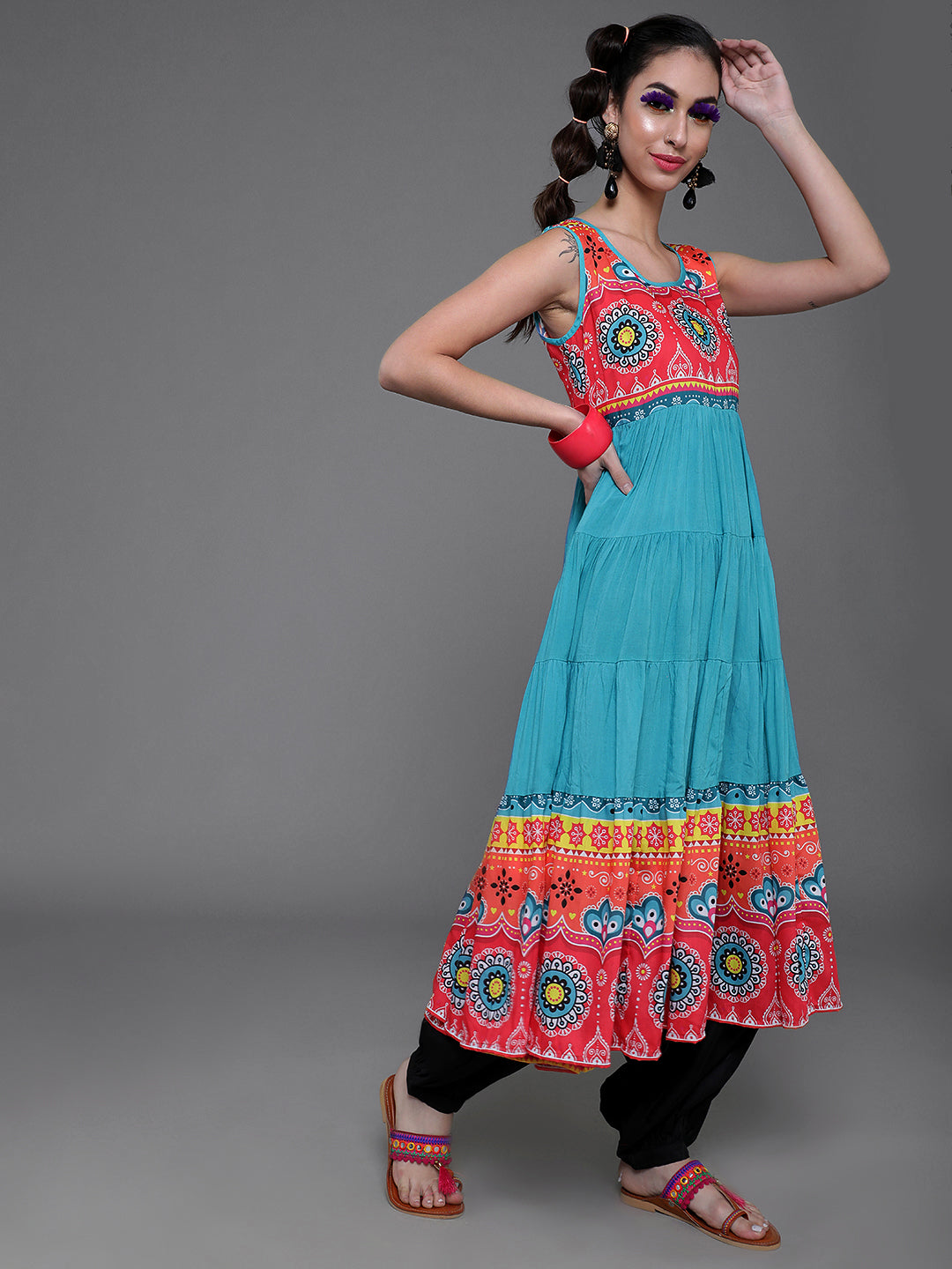 Blue & Red Printed Tiered Anarkali