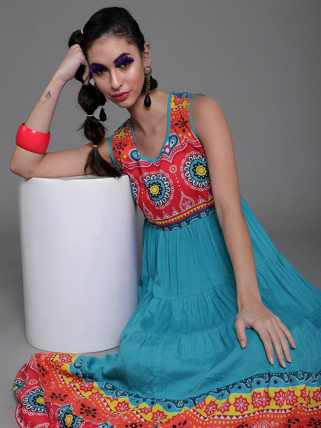 Blue & Red Printed Tiered Anarkali