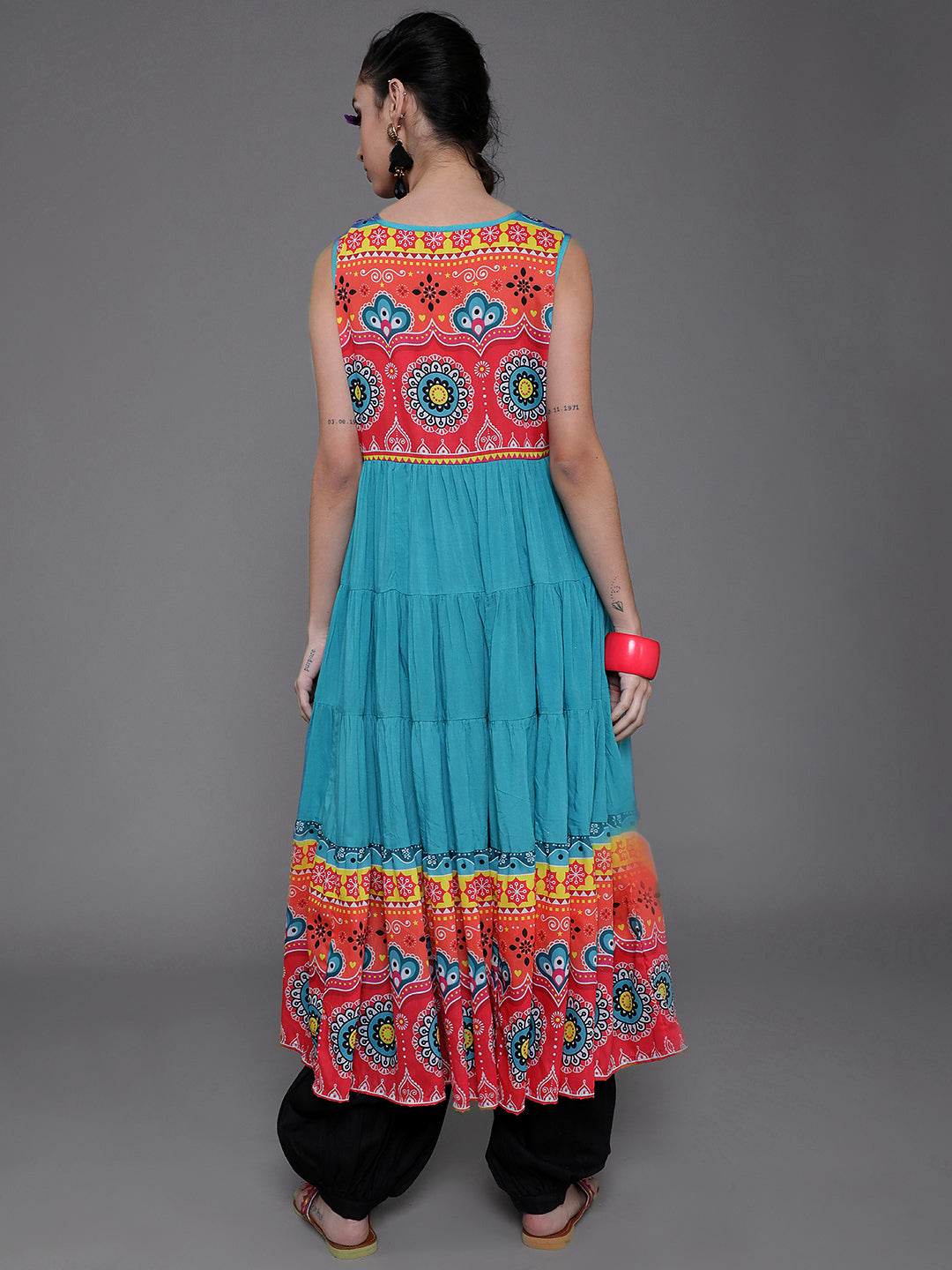 Blue & Red Printed Tiered Anarkali