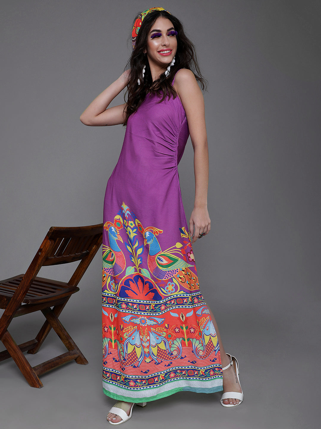 Purple & Orange Abstract Printed Side Slit Maxi Dress