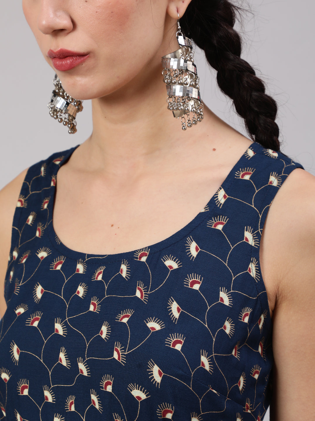 Navy Blue & Maroon Floral Print Maxi Dress