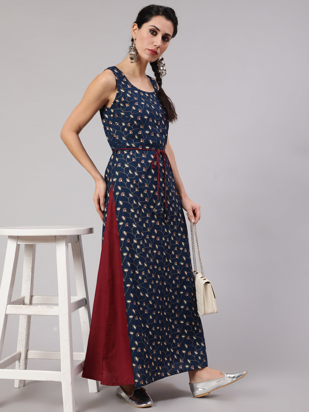 Navy Blue & Maroon Floral Print Maxi Dress