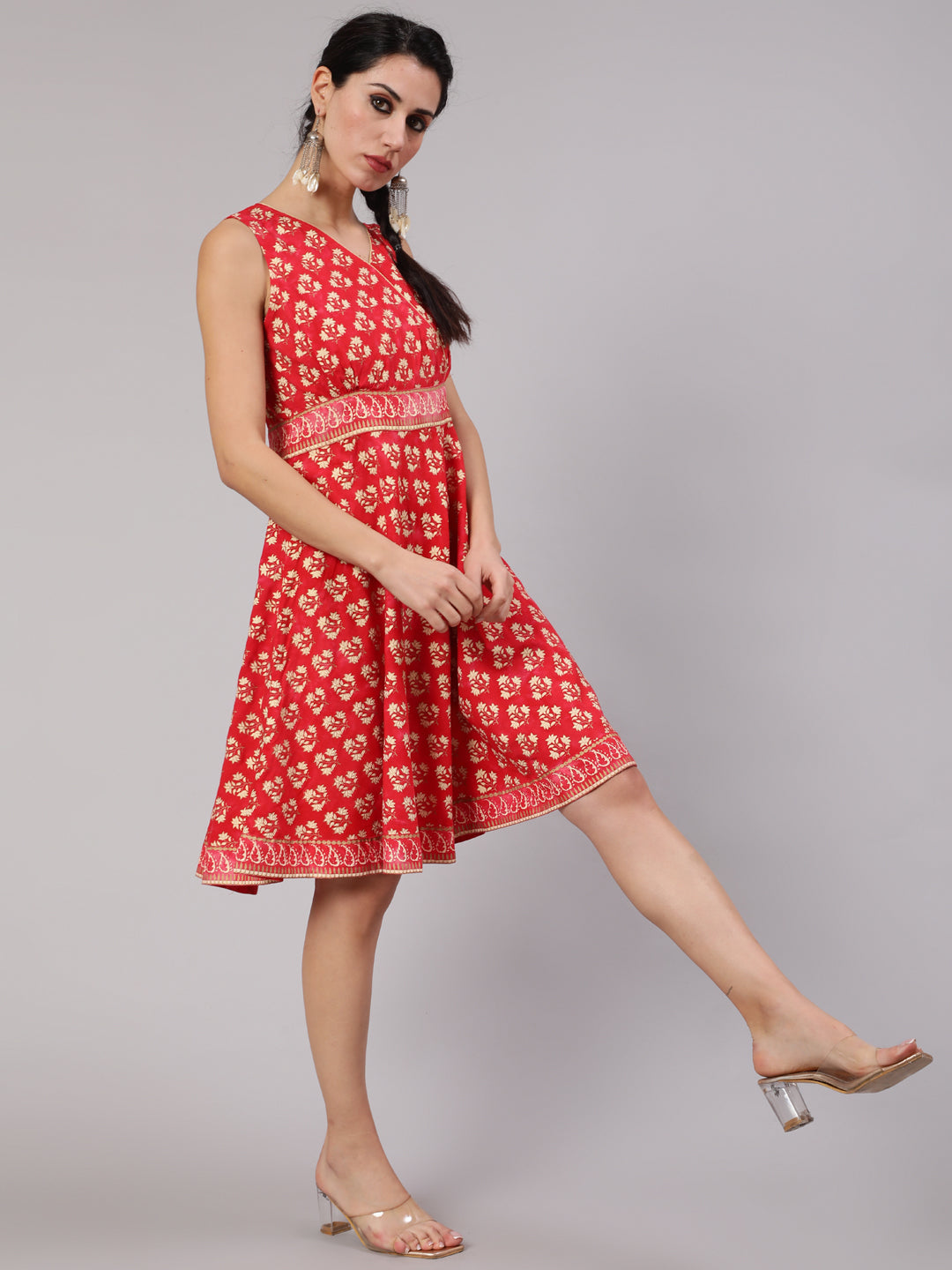 Red Floral Print Knee Length Dress