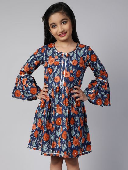 Kids - Blue & Red Floral Printed Pleated Dress