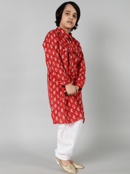 Red & White Printed Pathani Kurta With Salwar Set