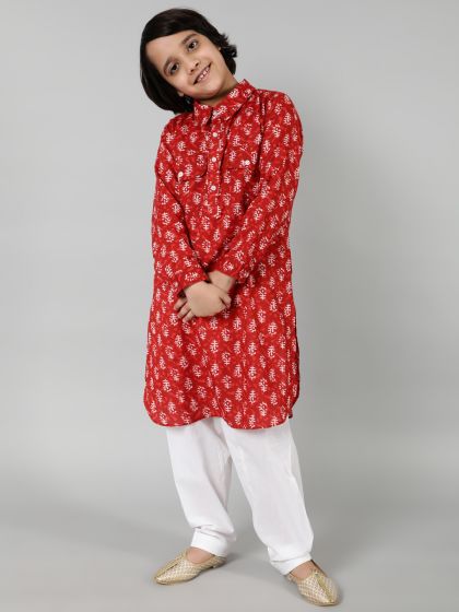 Kids - Red & White Printed Pathani Kurta With Salwar Set
