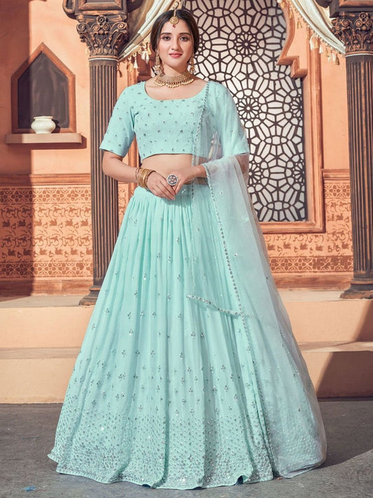 Light Blue Mirror Work Unstitched Lehenga