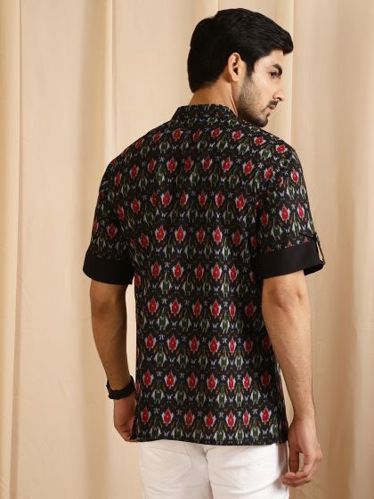 Men's Black & Red Patola Printed Kurta With Roll-Up Sleeves