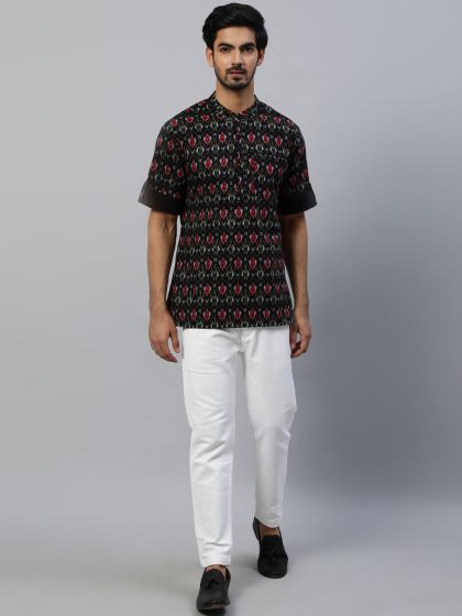 Men's Black & Red Patola Printed Kurta With Roll-Up Sleeves